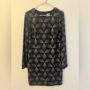Vince Camuto - Black and Sparkly Gold Geometric Long Sleeve Dress
